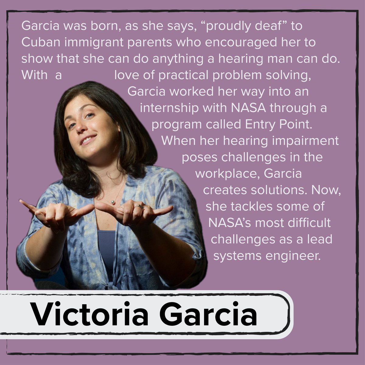 vicky_woodburn's tweet image. Victoria Garcia is a &quot;proudly deaf&quot; lead systems engineer @NASA_Marshall who helps solve complex problems for @NASA_SLS. Although her hearing impairment has caused challenges in her life, Garcia overcomes barriers to prove that she is capable of everything a hearing man can do.