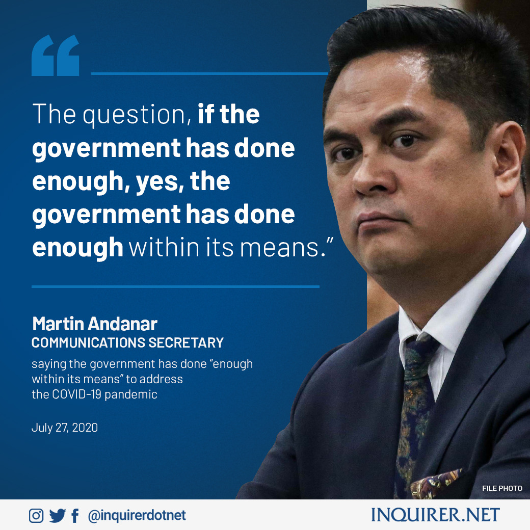 inquirerdotnet's tweet photo. Naniniwala si Communications Secretary Martin Andanar na sapat ang nagawa ng pamahalaan upang matugunan ang krisis sa coronavirus disease. https://t.co/HglJzyFYXh https://t.co/rmTeE0ynE4