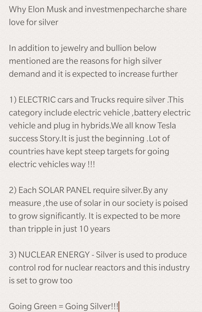 Invstmtpcharche's tweet photo. #investors 
#Investment #silver 
#Commodities 

Why @elonmusk &amp; @Invstmtpcharche share love for Silver 

in addition to traditional usage here are few more 

  1) ELECTRIC CARS require silver .
  2) SOLAR PANEL require silver
  3) NUCLEAR ENERGY

Going Green = Going Silver https://t.co/W5C2SPQLgX