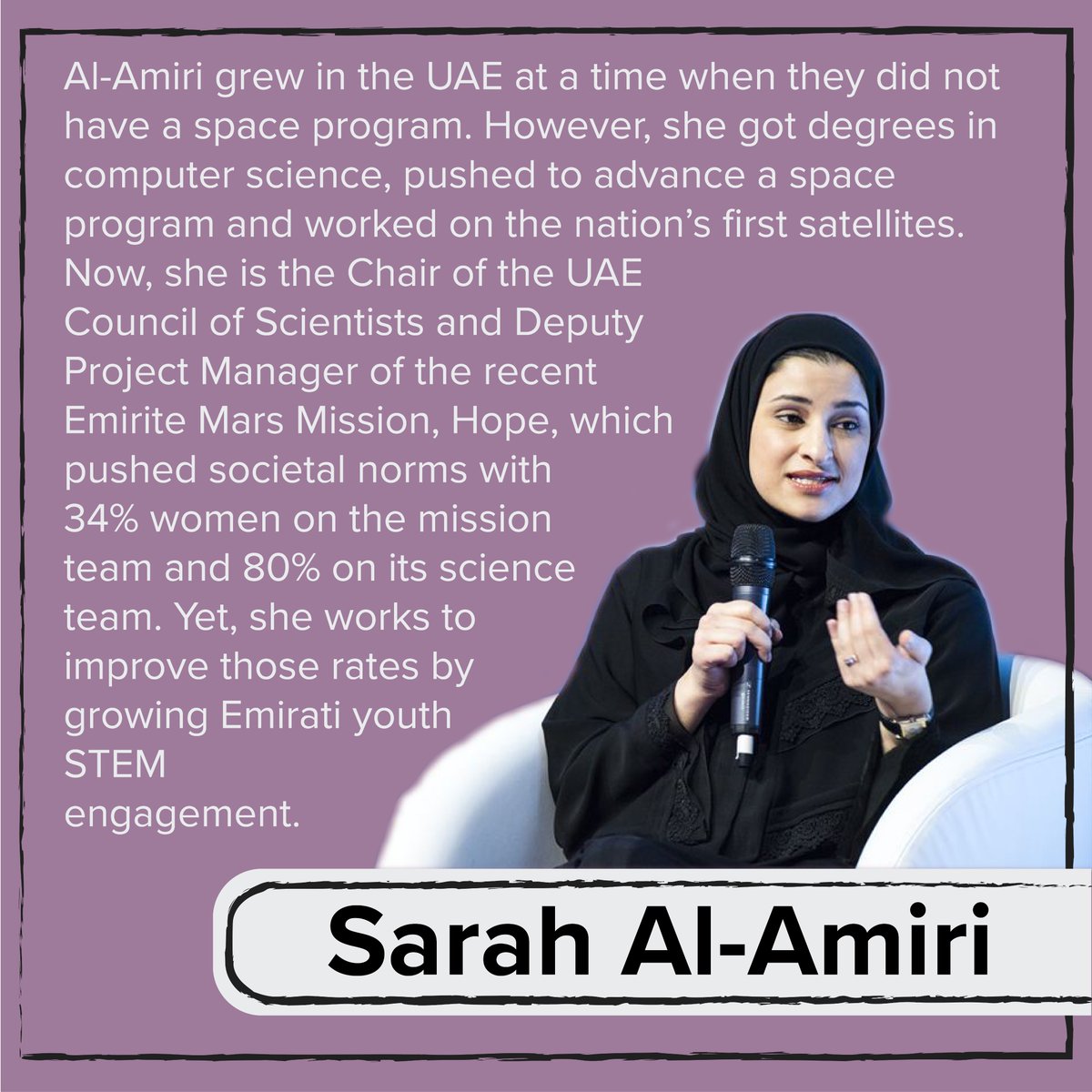  @SarahAmiri1 when the UAE did not have a space program. However, she still worked diligently and became a leader in the  @uaespaceagency. She managed the recent Emirite Mars Mission and continues to serve as a role model for space-dreaming women in the Middle East.