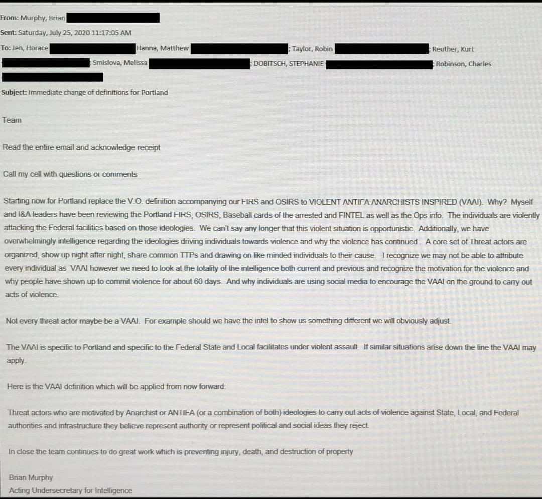 The image below is an email from Acting Under Secretary of the Office of Intelligence and Analysis Brian Murphy to Acting Deputy Under Secretary Horace Jen, Acting Under Sec Robin Taylor, Kurt Reuther (not listed on DHS website), Melissa Smislova(not listed on DHS website), 9/