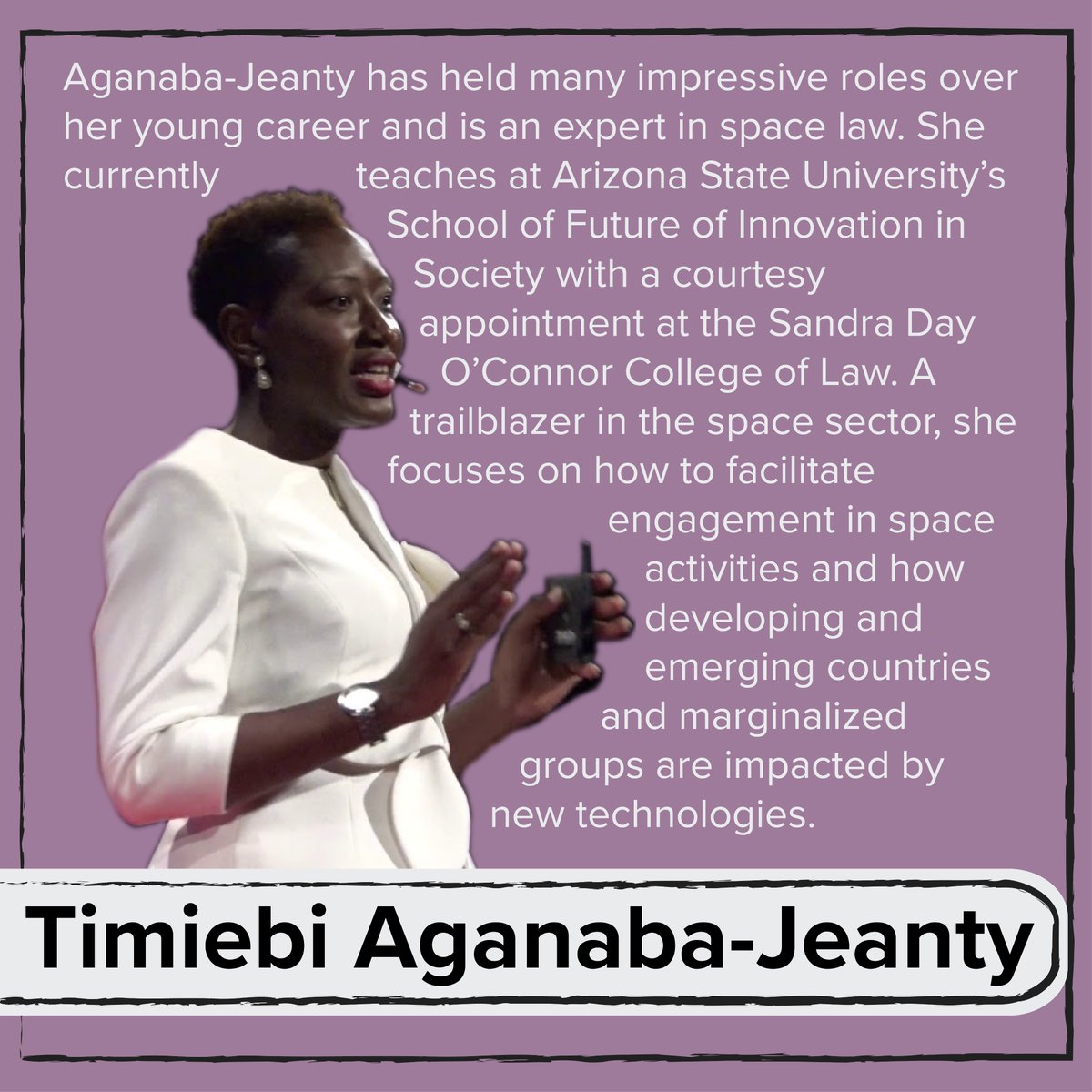  @Timiebi89 is a professor at Arizona State University & an expert in space law. She is a trailblazer in the space sector for emerging space nations and marginalized groups. In fact, our working group was fortunate enough to be able to have her input as a subject matter expert!