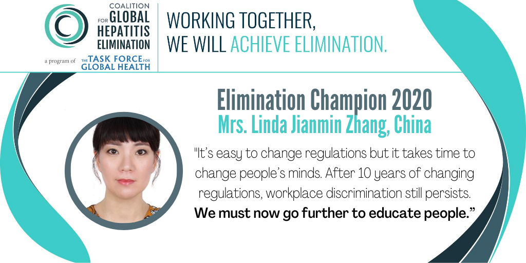 GlobalHep's tweet photo. Congrats to 2020 Elimination Champion: Mrs. Linda Zhang, Stanford Center, Peking University, China. She has fought #HBV stigma & discrimination for 20 yrs, working with the Suzhou Mayor to ban HBV discrimination & launching #JoinJade.@asianliverctr https://t.co/Za5elLjUnn https://t.co/x7QRAKHKNJ