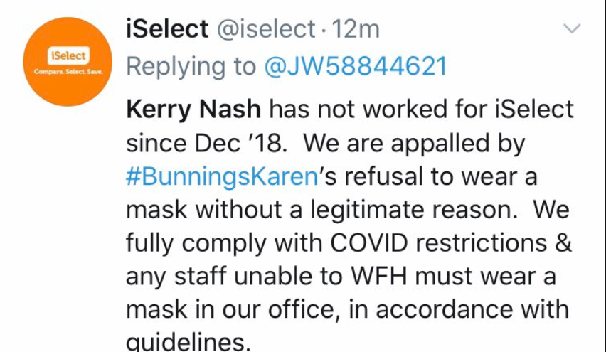 AneekaSimonis's tweet photo. #BunningsKaren has been outed by her former employer as Kerry Nash. iSelect has distanced themselves from her, saying she ceased employment in 2018 @theheraldsun https://t.co/2bvtR7YCAO