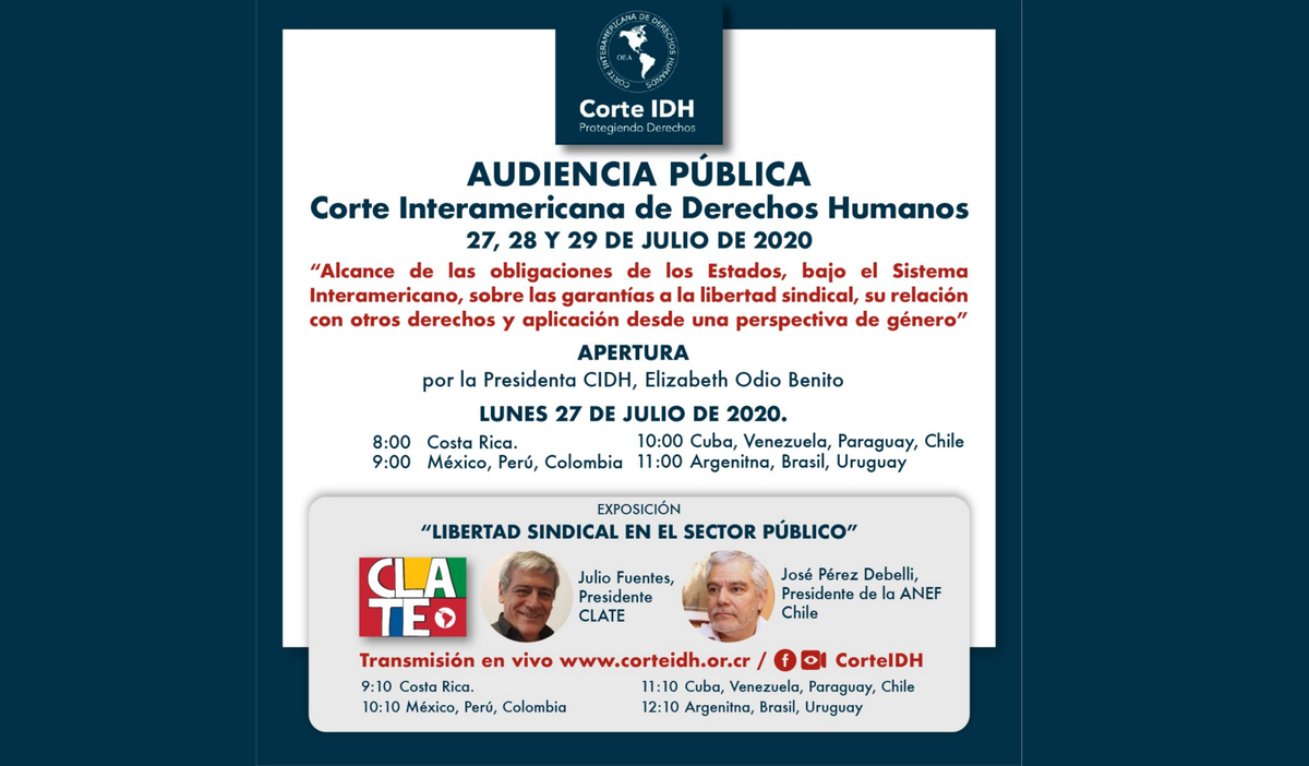 EstatalesCLATE's tweet photo. HOY: @JulioDFuentes Presidente de la CLATE , participará junto a @japdebelli presidente de @anefchile de la audiencia pública de la| @CorteIDH sobre libertad sindical y negociación colectiva| Accede a la conferencia en el siguiente enlace >> https://t.co/0Pngoqsbfy https://t.co/TfECLKK4Jj