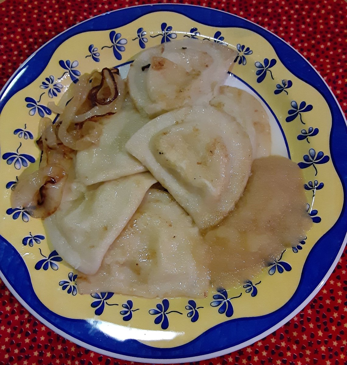 it's my own  #pierogifest 2020: biked to Hy-Vee & got cheddar frozen Mrs. T's pierogi (the last box!) & store brand applesauce, then sauteed onions at home