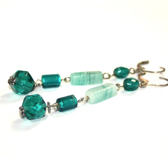 Turquoise Green long Earrings anniversary gift idea Aquamarine Lampwork Birthday present Bridal shower fashion trend earrings very long etsy.me/3hz1Sfa #green #bridalshower #giftideasforher #anniversary #women #longearrings #greenearrings #womensgiftideas