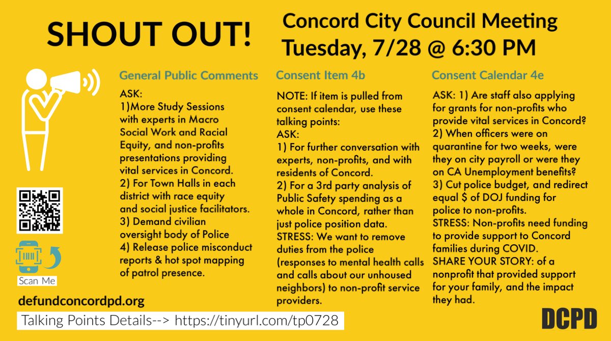 defundconcordpd's tweet photo. Pls support at Concord’s Council mtg this Tues! Call, ask to turn on video, comment, &amp; show your #DefundThePolice sign! Click here for talking points https://t.co/gJO7IWwO7O #BlackLivesMatter #BayAreaProtests #PeoplesBudget #NoJusticeNoPeace #InvestInCommunities #DefundThePolice https://t.co/yPLf68gEoj