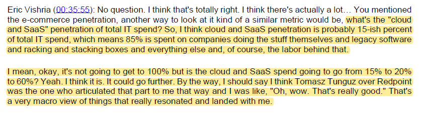 8/ Cloud and SaaS penetration of total IT is currently 15-20% and can eventually be 60% or even higher.