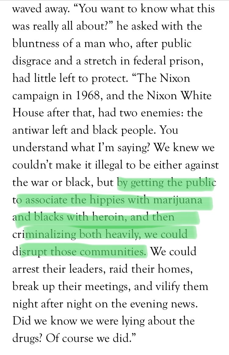 This didn’t just extend to cocaine it also extended to other drugs such as Heroin. John Ehrlichman who was an advisor to President Nixon said this on the War On Drugs.