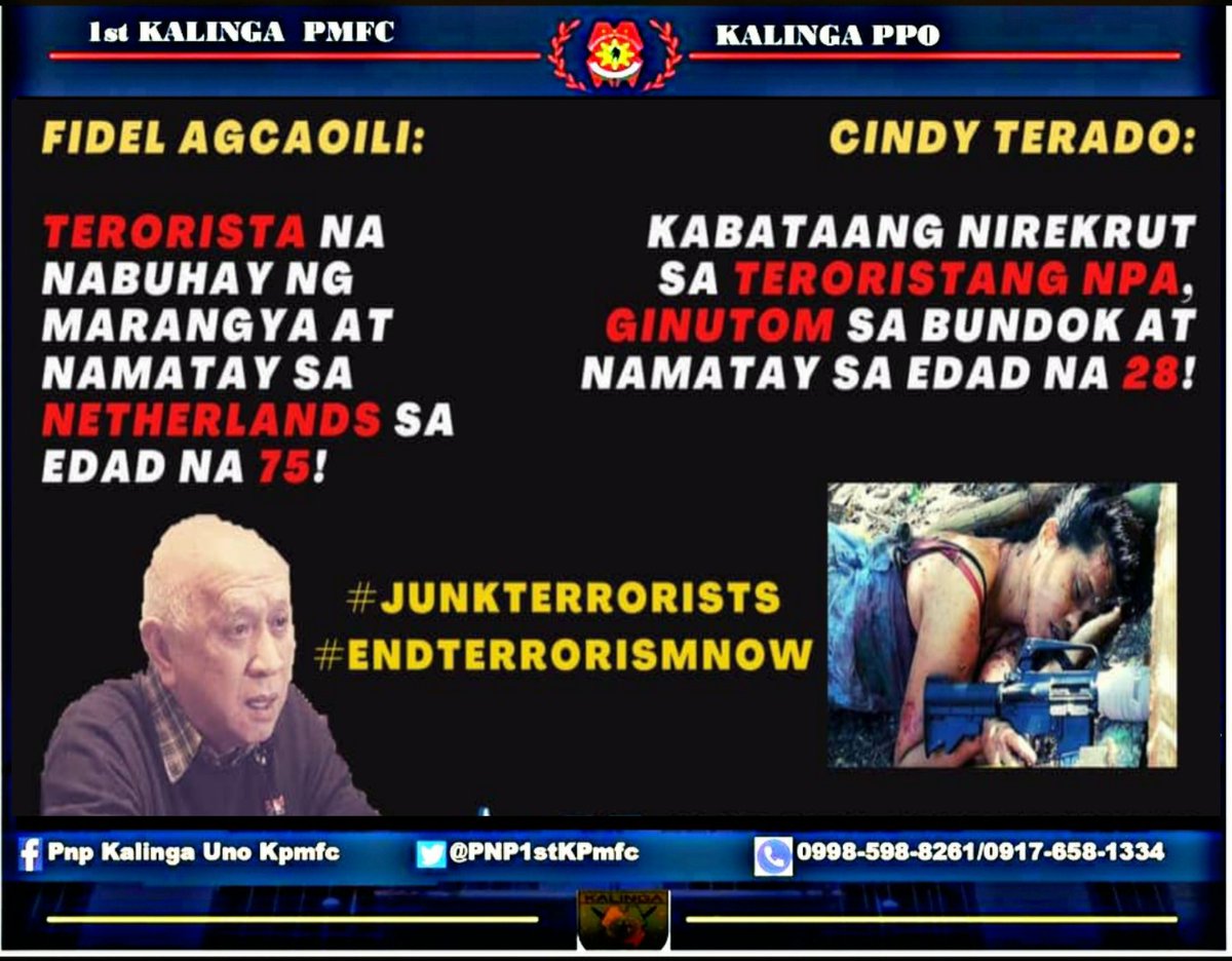 PNP1stKPmfc's tweet photo. Kabataan wag sayangin ang iyong kinabukasan! Huwag sayangin ang buhay sa idolohiyang mga nasa taas lang ang nakikinabang.
#StopDeception
#HandsOffOurYouth
#EndTerrorism
#TeamPNP #WeServeandProtect
#PNPKakampiMo
@rwinp88 @davylims https://t.co/uGM4SiPj86