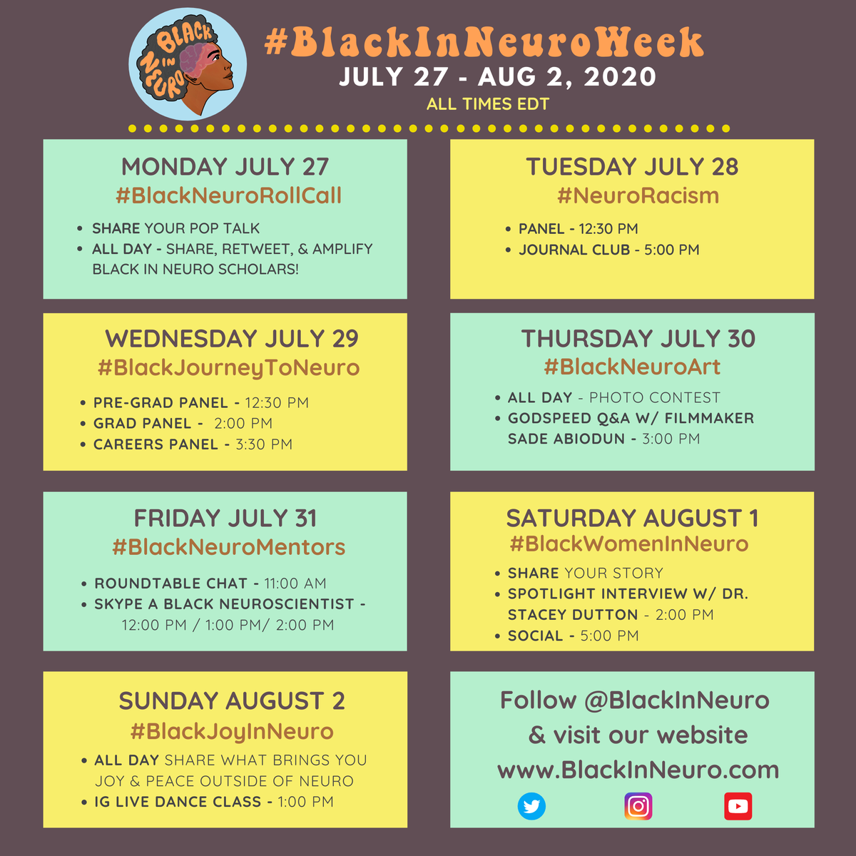 Get ready, ya’ll! 🥳📢

#BlackInNeuroWeek is HERE! Drop a '🧠' emoji if you're ready for #BlackNeuroRollCall !

To make sure you’re ready for all of the excellence in store, check out our full schedule here.

For detailed instructions on each day, visit BlackInNeuro.com/binweek