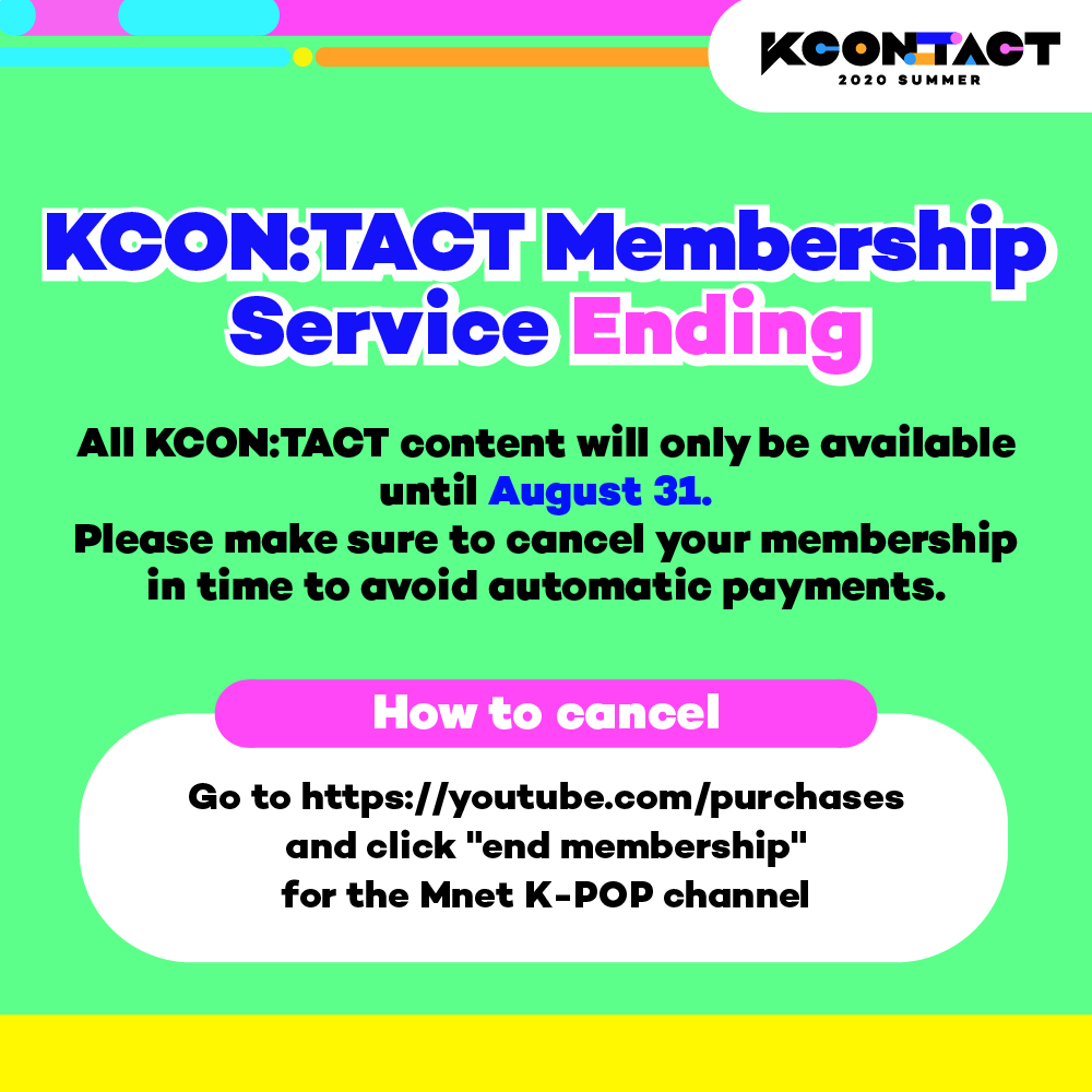 KCON_official's tweet photo. [KCON:TACT 2020 SUMMER] MEMBERSHIP CLOSING 08/31

The #KCONTACT membership services will be unavailable after August 31.
Members should check their membership status to avoid automatic payments.

▶ Check your membership status here: https://t.co/RnMjI4sLQL 
#KCON #LetsKCON247 https://t.co/Zaj420ayi1