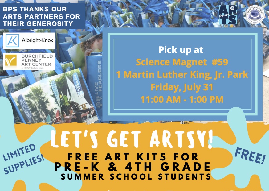 MAgostoBPSarted's tweet photo. WE STILL HAVE ART KITS TO GIVE AWAY! Pick them up on FRIDAY, JULY 31 at SCIENCE MAGNET #59 from 11AM - 1PM - UNTIL SUPPLIES LAST!\ Please share with your PreK & 4th grade summer school students. Thanks to partners at @AlbrightKnox & Burchfield Penney for the gifts! #BPSartworks https://t.co/gV9OUF9kNT