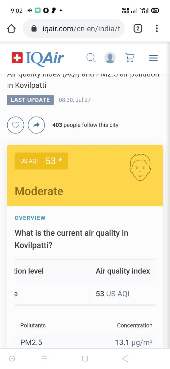 ImMrBala's tweet photo. AQI index in #kovilpatti is 53 which means air quality is fair to breathe. What will happen if EIA new draft is implemented? 
@Sandy_Nanduri 
@PrakashJavdekar https://t.co/orOpfKjCMg