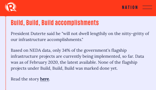  #SONA2020: Build, Build, Build accomplishments  https://rappler.com/nation/updates-duterte-state-of-the-nation-address-2020