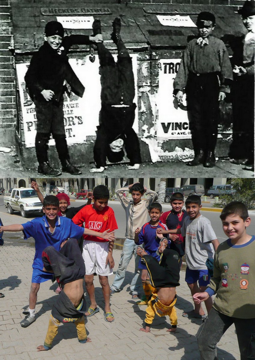 #Children 
Handstands.
8th Ave., #NewYork, Dallet Fuguet, 1896.
Haifa Street, Baghdad, #Iraq, 2007. (Mine)