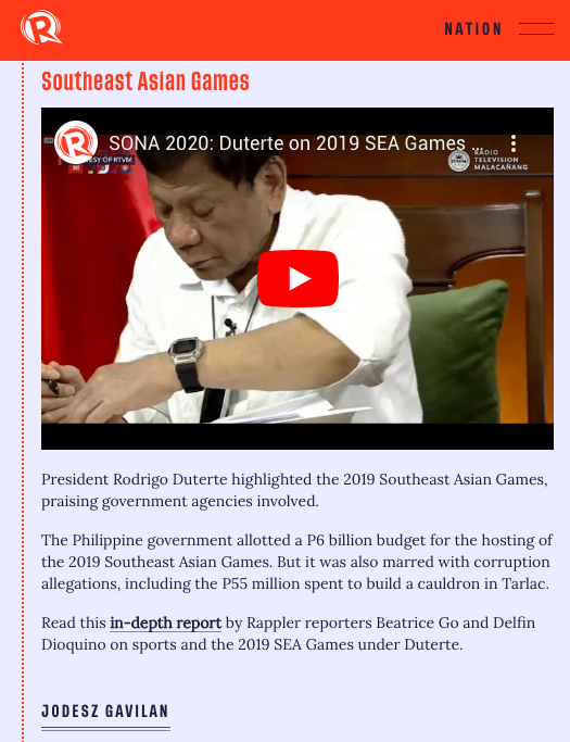 President Rodrigo Duterte highlighted the 2019 Southeast Asian Games, praising government agencies involved. |  #SONA2020  https://rappler.com/nation/updates-duterte-state-of-the-nation-address-2020