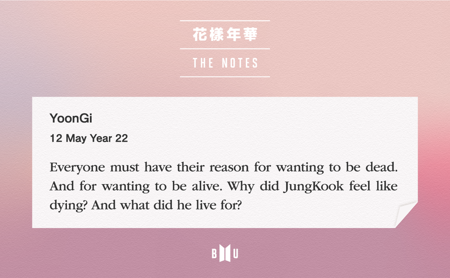 Also adding here this tweet. Yoongi is wondering about Jungkook's reasons to die and live. Clearly this feeling of wanting to die has some role to play in the story and it could also explain why Jin doesn't remember the accident at all- perhaps he wasn't involved.