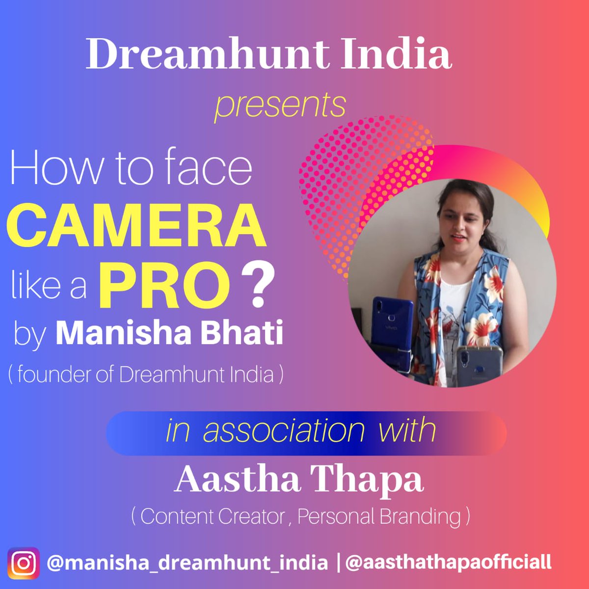 dhi_manisha's tweet photo. "Becoming a Camera Pro" 

Join us on coming Saturday I.e 1st of August 2020 at 4.30pm - 6.30pm🙂

@ jus ₹299/-.

You can text your name and mail id us on this 7769985583 number for registration.

#dreamhuntindia
#camerafriendly https://t.co/FboYZejUjZ