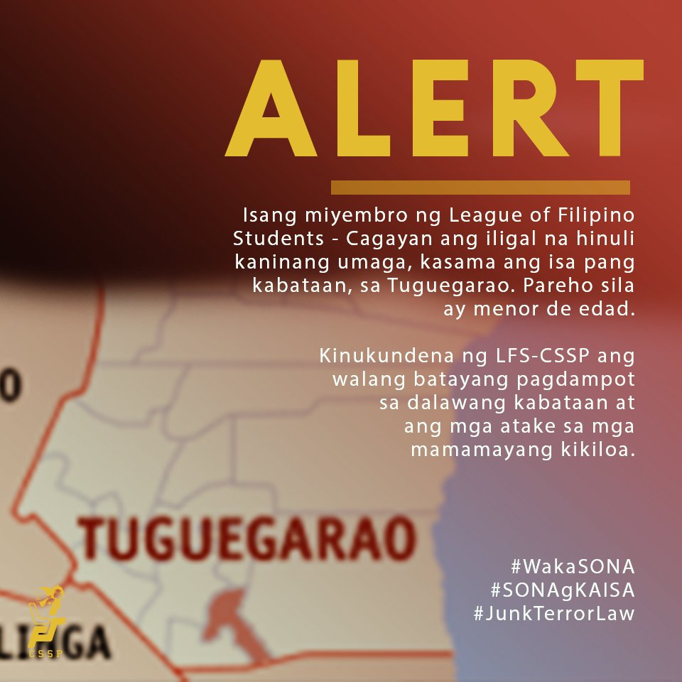 LFS_CSSP's tweet photo. ❗ALERT ❗

2 kabataang aktibista, kabilang ang isang UP student, ang iligal na inaresto kaninang umaga sa Tuguegarao. Ito ay diumano dahil sa paglabag sa patakaran ng quaratine sa kabila na expired na ang BAHO Law.

#ReleaseTuguegarao2
#JunkTerrorLaw
#WakaSONA https://t.co/3bCFJw0Wk7
