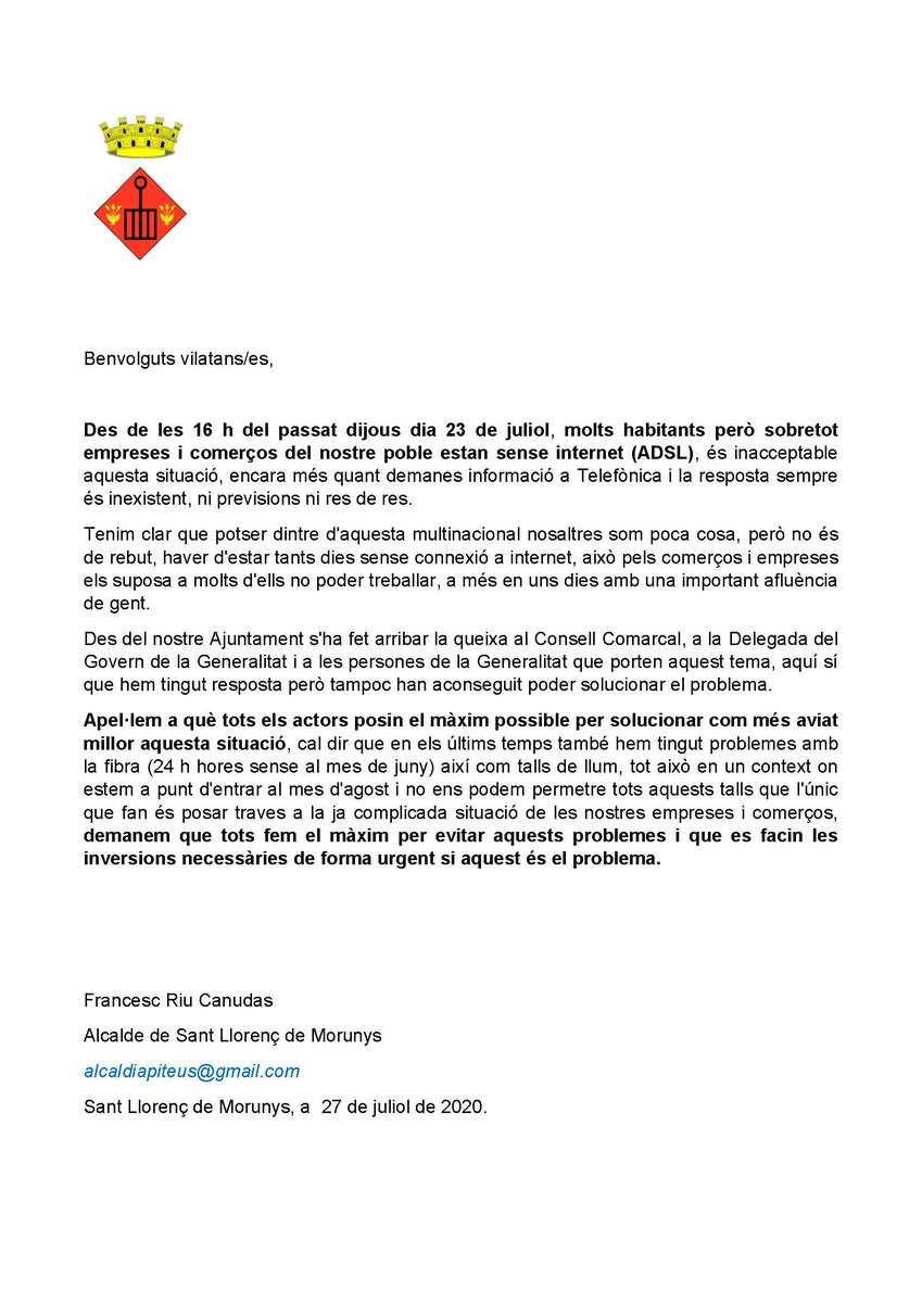 AjuntamentPiteu's tweet photo. Porten quasi 91 h sense internet (ADSL) això és inacceptable, encara més trist que @Telefonica  no ens digui quant podrà restablir el servei, també hem demanat al @govern i @CCSolsones  que ens ajudin i esperem resposta. És una vergonya. https://t.co/Tg9eKZS4CD