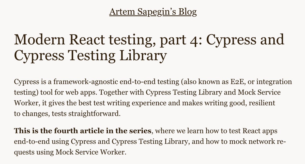 iamsapegin's tweet image. I&apos;ve just published another article in my Modern React testing series: this one is about Cypress, Cypress Testing Library, and Mock Service Worker.

blog.sapegin.me/all/react-test…

@Cypress_io @TestingLib @ApiMocking @reactjs #CypressIO #TestingLibrary #reactjs #JavaScript #testing
