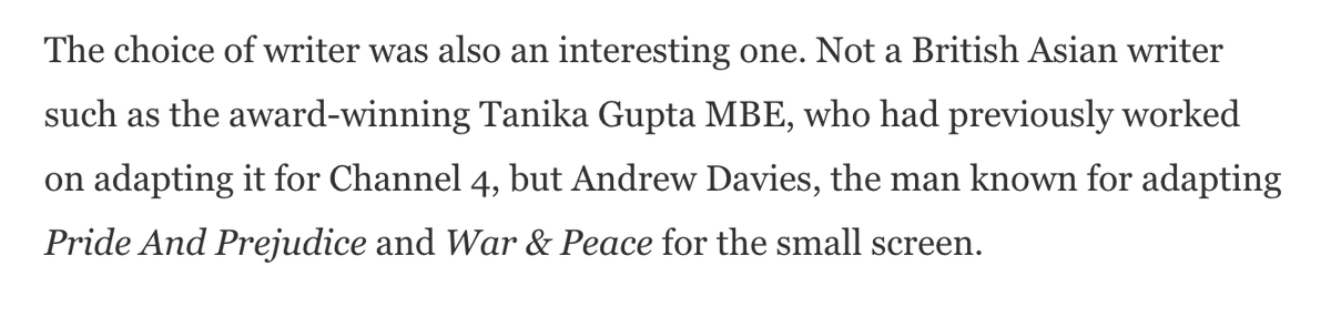 Addendum: this is a massive shame, I would have LOVED to have seen  @Tanika_Gupta's version (from  http://www.gq-magazine.co.uk/culture/article/a-suitable-boy-bbc)