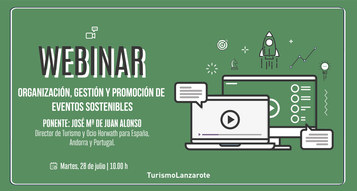 🖥 WEBINAR: "Organización, gestión y promoción de eventos sostenibles" 
Ponente: José Mª de Juan Alonso, Director de Turismo y Ocio Horwath para España, Andorra y Portugal.

📝 Inscripción: ow.ly/BC4e30r0UFj

📰 ow.ly/tRoE30r0USs

#Noticia | #Turismo | #Lanzarote