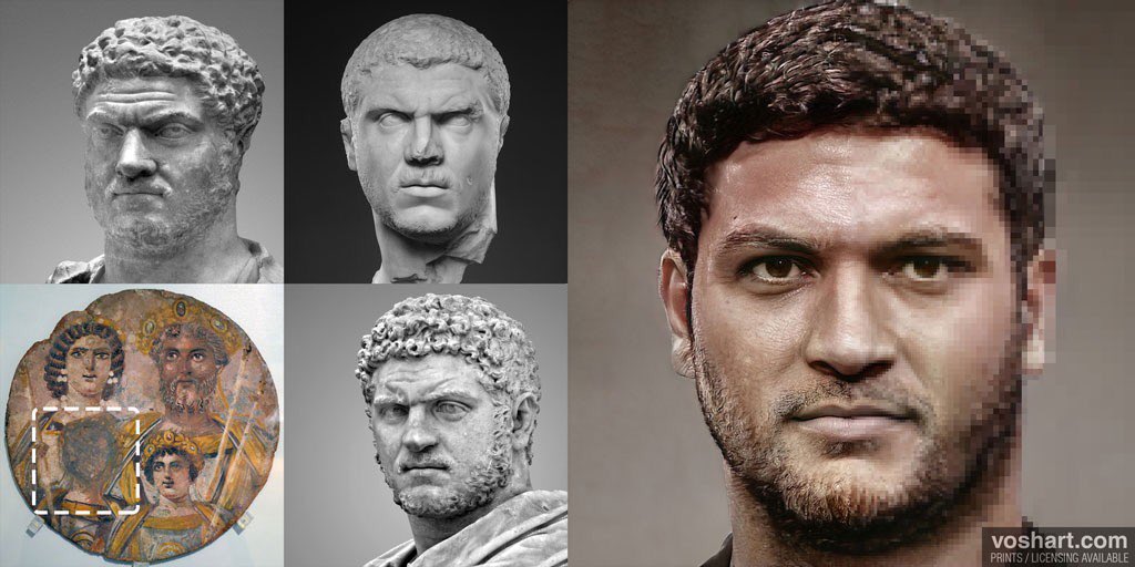 À partir de l’iconographie ( bustes, peintures, monnaies ), Daniel Voshart a tenté de reconstituer le visage des empereurs romains de façon photoréaliste, saisissant.