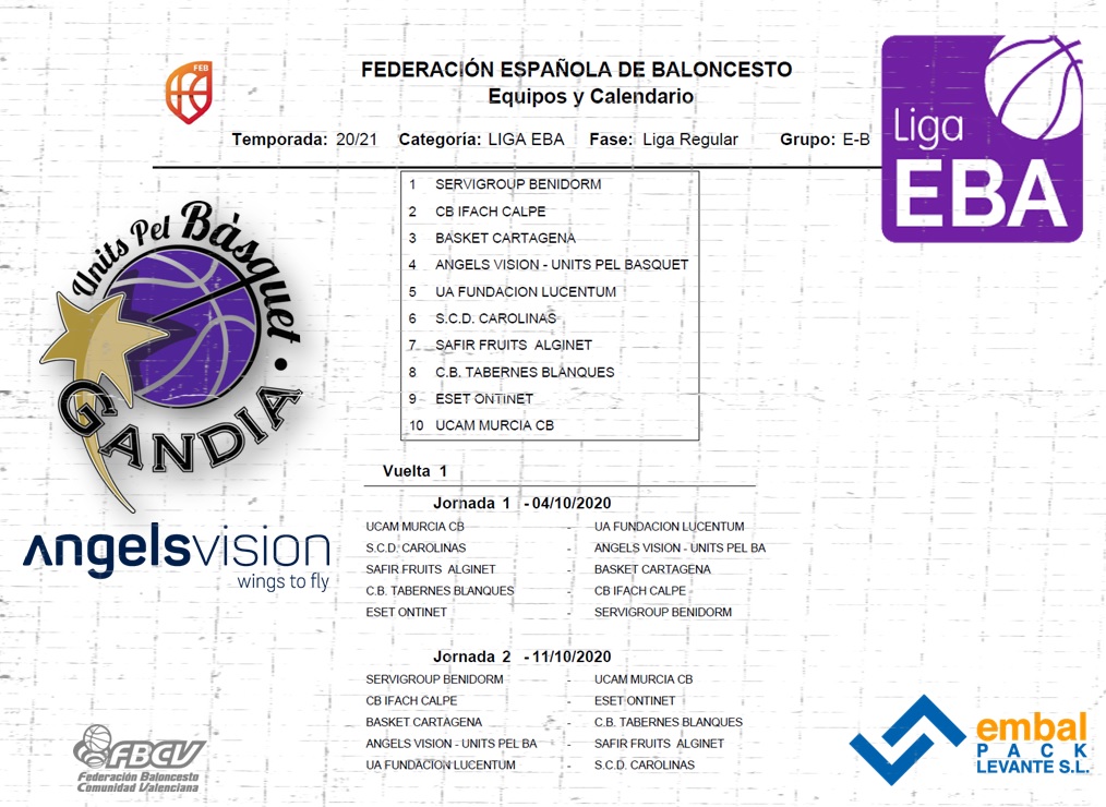 UPBGandia's tweet photo. LIGA EBA | 🏀

Ya tenemos fecha de inicio en la Liga EBA y rivales para el @AngelsVision_ UPB Gandía.

🏀 Arranque de la 4/10/20.
🏀 Grupo E-B.
🏀 1º Partido 🆚S.C.D Carolinas.
🏀 2º Partido en casa 🆚 @cbalginet (11/10/20)

▶️ Calendario completo aquí:
👉 https://t.co/zQKS5CdZah https://t.co/Lw6FdQTcro