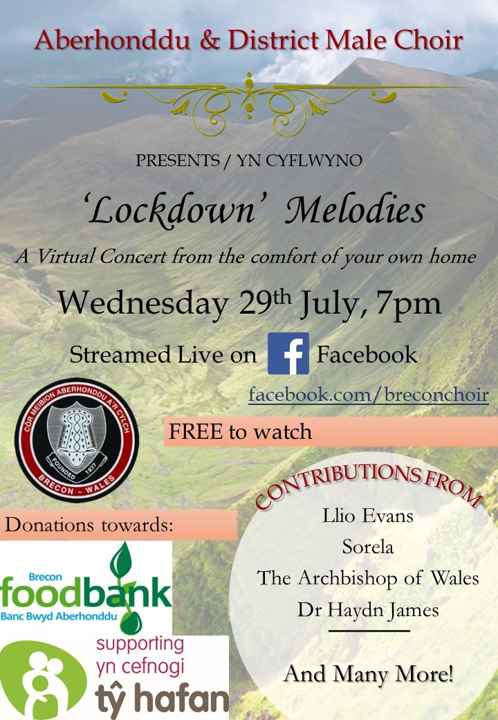 thefunraisin's tweet photo. The wonderful Aberhonddu &amp; District Male Choir have been busy organising this exciting virtual concert for @tyhafan &amp; Brecon Foodbank. 🎤 7pm 29/07 - further details below. Thank you for your support! Diolch. https://t.co/skZCEyyuJj