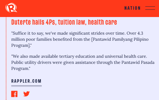  #SONA2020: President Duterte hails 4Ps, tuition law, health care  https://rappler.com/nation/updates-duterte-state-of-the-nation-address-2020