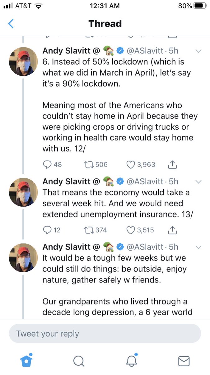 And remember too:  @aslavitt is not a fringe figure. He was head of CMS for Obama. He has 550,000 Twitter followers. He’s on television regularly. And HE WANTS TO END INTERSTATE TRAVEL for a month or more.People have lost their minds.