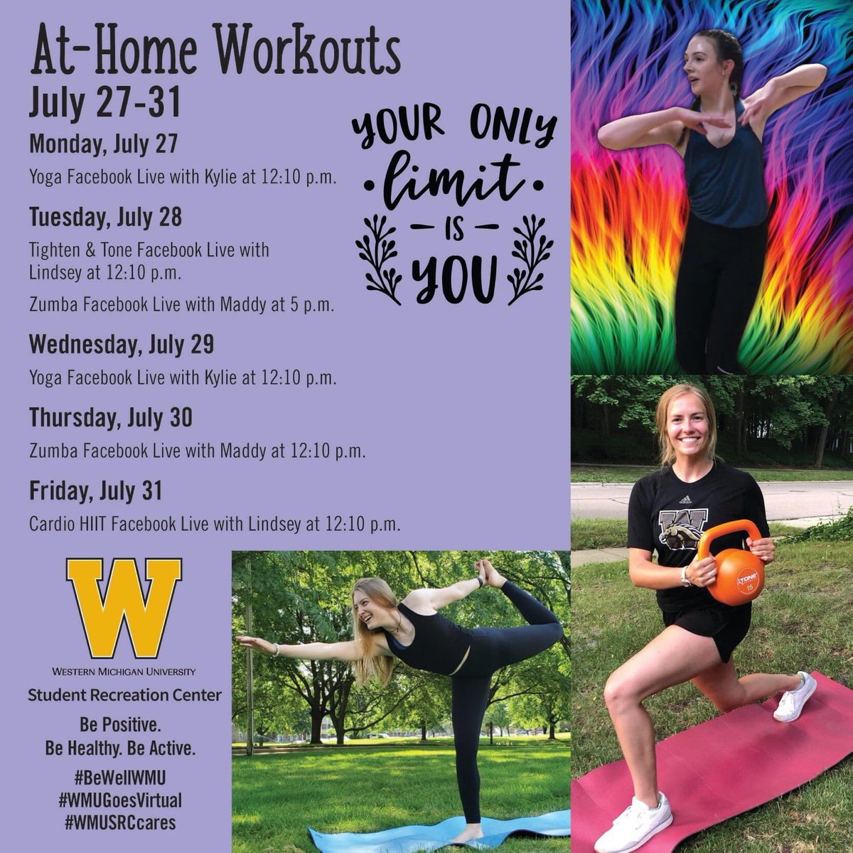 wmureccenter's tweet photo. Hello WMU Family! Here is the schedule for this week. Keep the positive feedback coming and let us know how we are doing. Hope you all have a wonderful week! Be Positive. Be Healthy. Be Active. #BeWellWMU #WMUGoesVirtual #WMUSRCcares https://t.co/UHDLeFaRtT