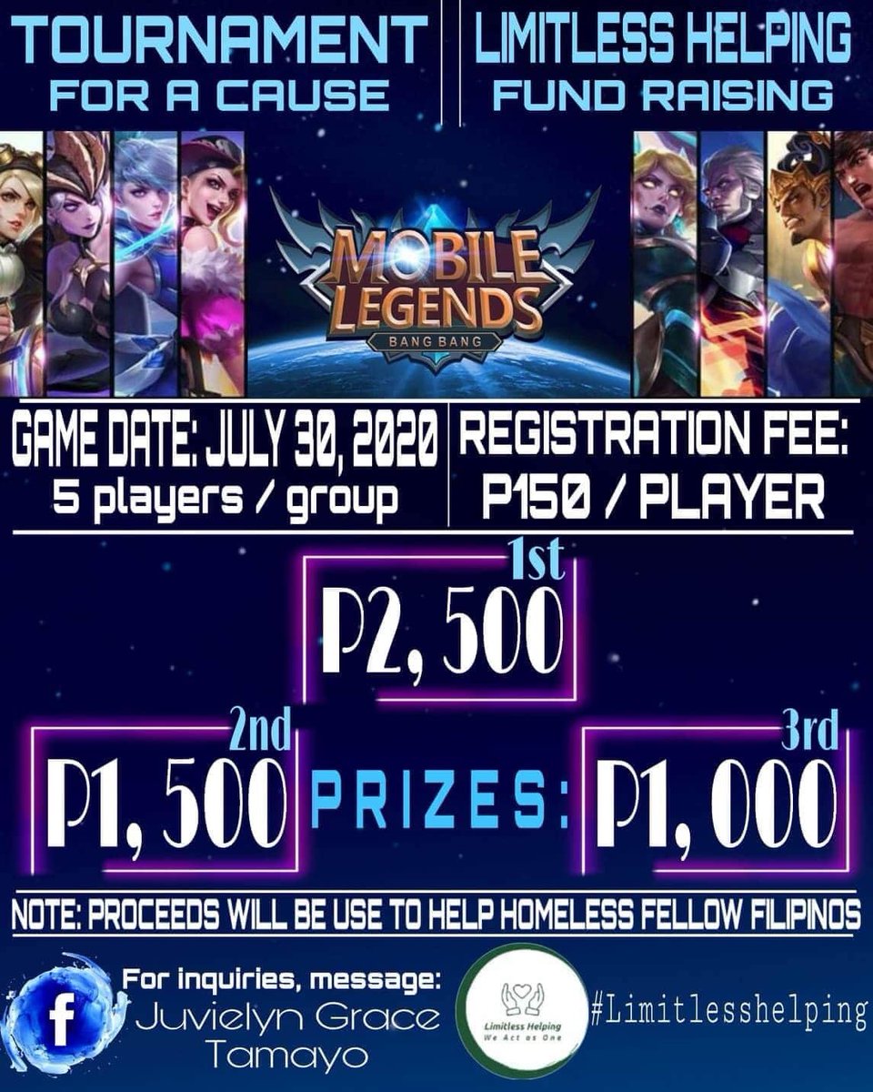 WeUniteAsOnee's tweet photo. Enjoy While Helping Others.

Join Limitless Helping - Mobile Legend Tournament Fund Raising Activity

Proceeds will be used to provide food aide to our Homeless fellow Filipinos.

#LimitlessHelping https://t.co/rL7L3MsXku