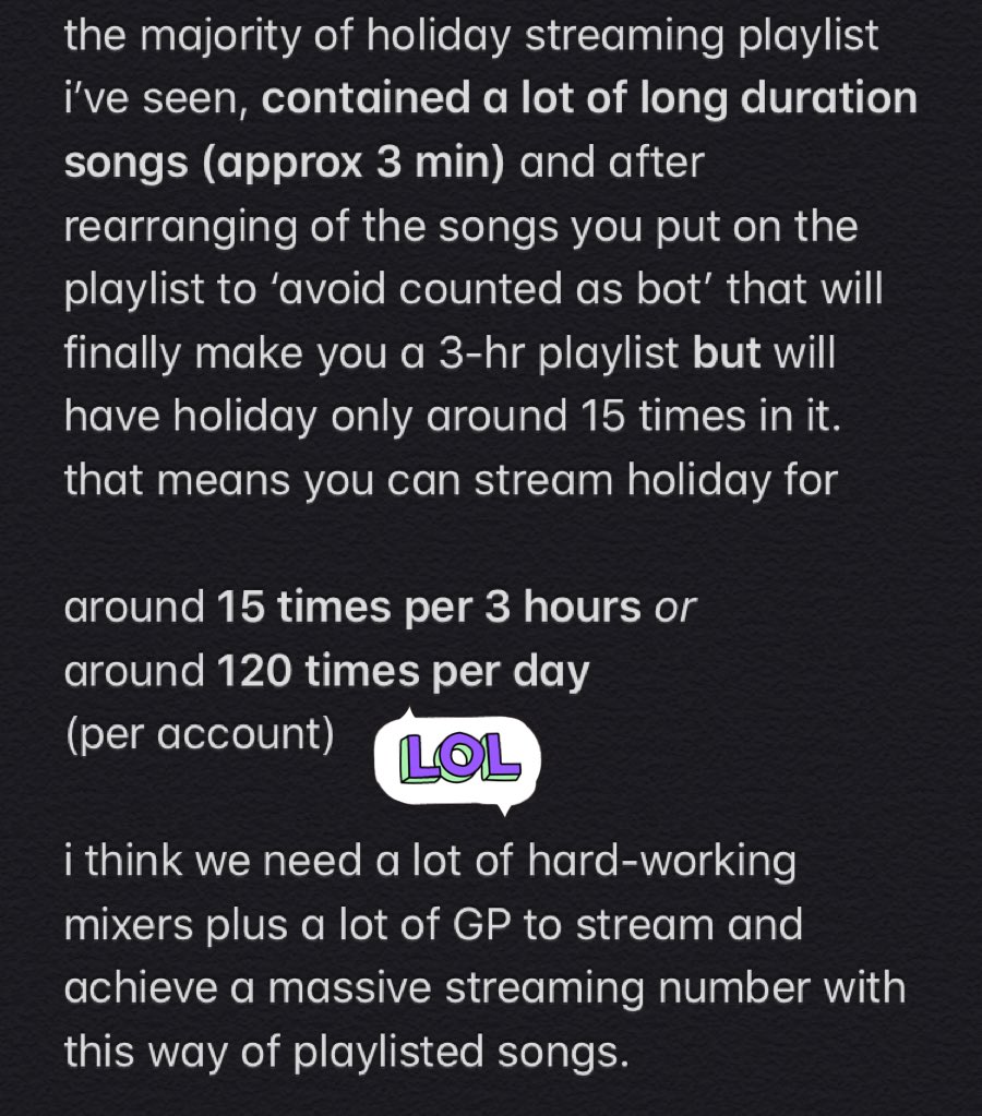 ‘Why am I against using playlist??? It’s safe you’re lazy!!!’ Here I will show why ‘I’m lazy’ because it’s ineffective!!!!! shown here by lovely  @sugarviasilky tweet!!!! He calculated it all if you using playlist. Only 120 streams per day!!!! versus looping 432 per day.