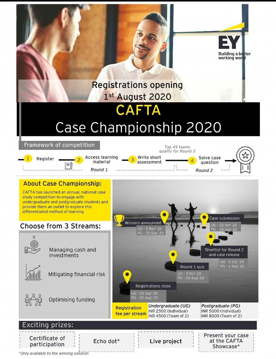 For more info, register at:
forms.office.com/Pages/Response…
Follow the hashtag #EYCAFTACC2020 to stay updated!
#EY #EYCAFTA #EYCAFTACC2020 #casestudycompetition #Consulting #finance #casestudy #corporatefinance #treasury #casesoultion #consultingcase #casecompetition #casecompetition