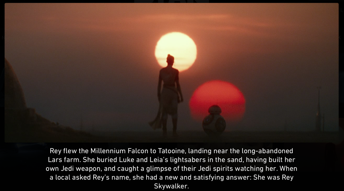 When a local asked Rey's name, she had a 𝘯𝘦𝘸 and 𝘴𝘢𝘵𝘪𝘴𝘧𝘺𝘪𝘯𝘨 answer: 

                  She was Rey Skywalker.