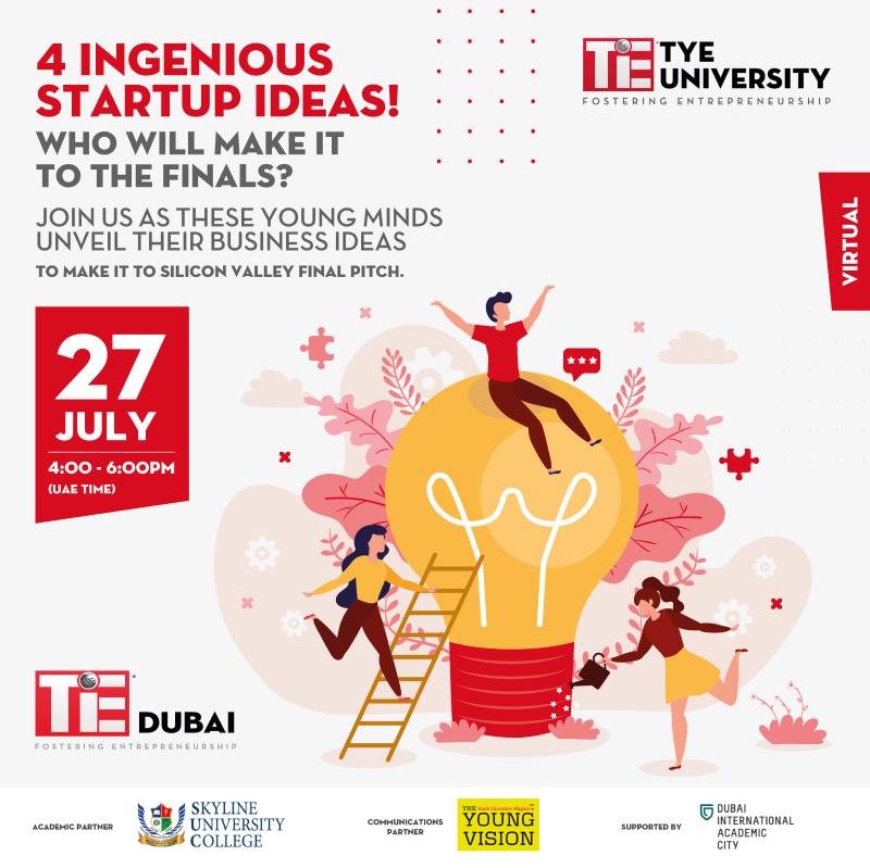 theyoungvision's tweet photo. Don't miss out on the Finale Celebration of Entrepreneurship! 🎊🎉 Witness (https://t.co/6GXk64WvMD) Online Final Pitch for the Local TiE Young Entrepreneur University Champion via zoom today from 4 to 6pm (UAE Time). 4 Finalists from 3 Universities 👍🤝#TYV #SUC #TIEDubai #TYEU https://t.co/btyyxvBh42
