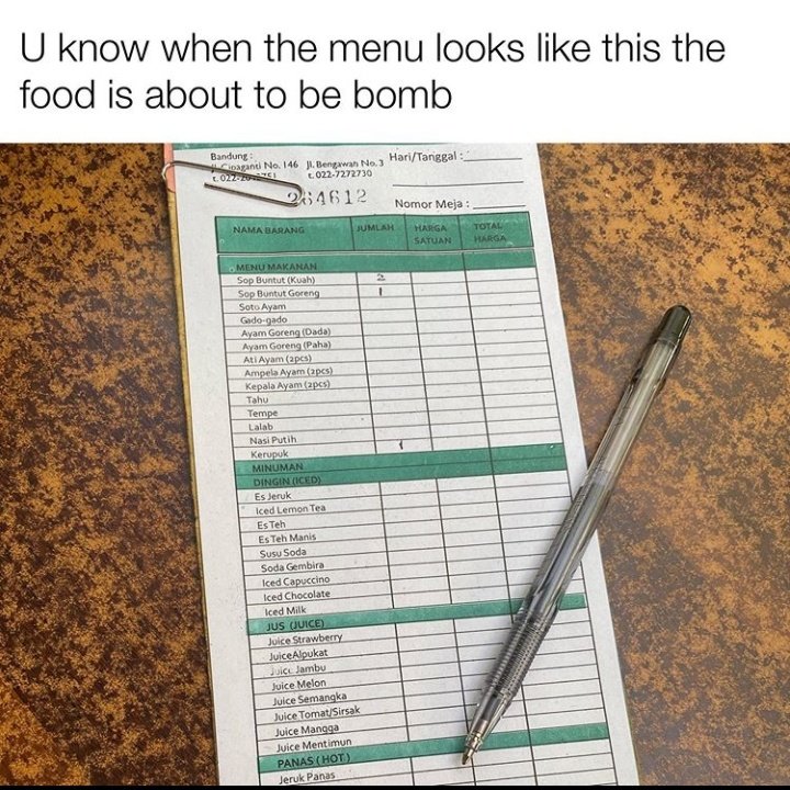 Atau resto2 cina yang menunya dilaminating udah pudar dan ngelupas 😋😋
