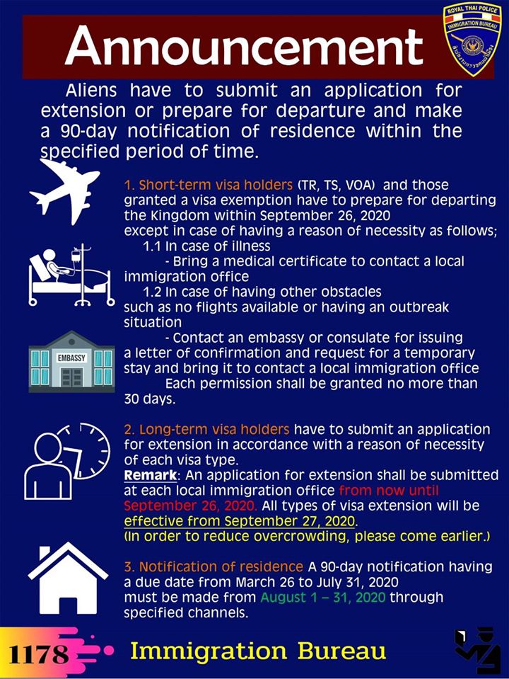 prdthailand's tweet image. The government permitted foreigners to temporarily stay in Thailand until 26 September 2020. For more information please contact the Immigration Bureau's call center at 1178.

#VisaExtensions #COVID19 

Source: immigration.go.th
, shorturl.at/bitMZ