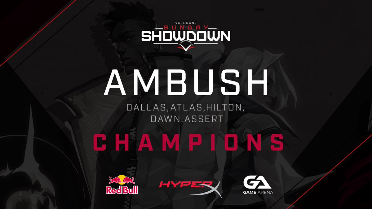 VanguardChamps's tweet photo. 🏆 We have your Valorant Sunday Showdown 14 winners! 🏆 

@AmbushVAL have taken the win 2-1 against @flowstateval in an epic Grand Finals!

@branchies_ 
@1ASSERT 
@dawnFYB 
@atlas1z 
@Hiltonators 
@StunnerFPS https://t.co/dOXnaD04Cq