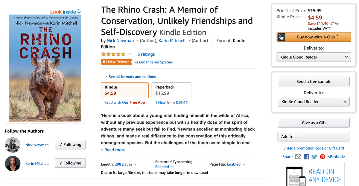 TheRhinoCrash's tweet photo. The Rhino Crash has made it to #1 New Release in the #EndangeredSpecies category! If you enjoy reading about animals, nature, or adventurous memoirs - give it a try! #TheRhinoCrash https://t.co/hb68jFTy7Q https://t.co/dwJ5VSzuGo