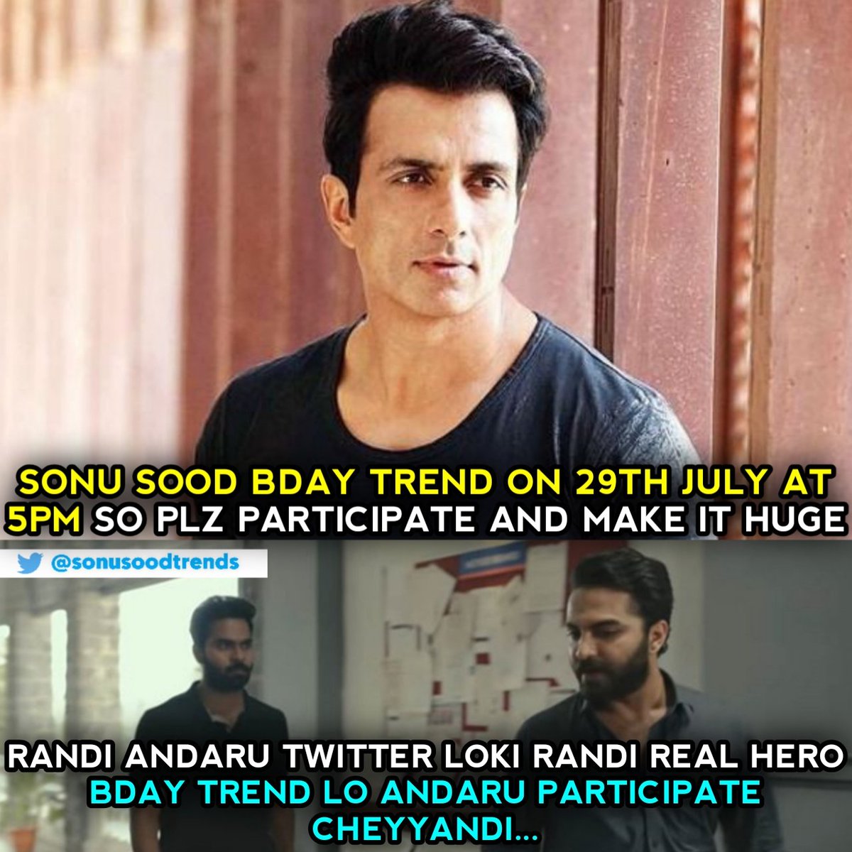 sonusoodtrends's tweet photo. Let's celebrate our real hero Sonu Sood's B'day with a trend on july 29th
Trend will be start at 5pm hashtag will be reveal soon Requesting all to participate and make this huge #SonuSood #sonusoodthehero @SonuSood https://t.co/KHU5a77QSp