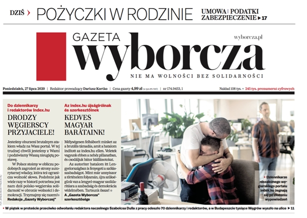 liliebayer's tweet photo. "Dear Hungarian Friends!" 
Front page of Gazeta Wyborcza this morning has open letter of solidarity to Index journalists and editors in both Polish and Hungarian. https://t.co/YneejnmWyf