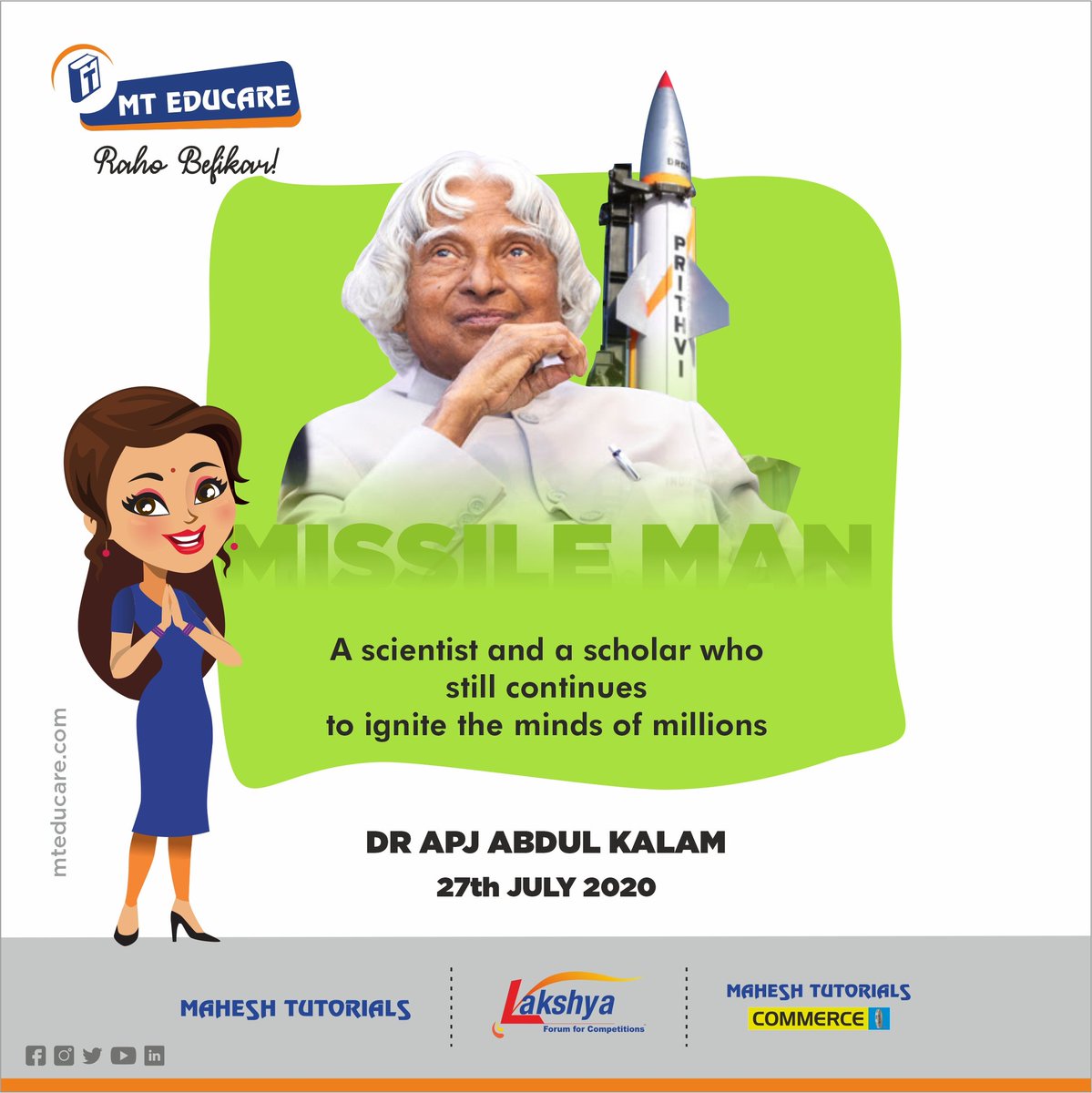 mt_education's tweet photo. Our humble tribute to our Bharat Ratna Dr. A.P.J ABDUL KALAM
.
.
#abdulkalamsir #missaielman #scientist #President #india #DeathAnniversary #inspiration #MTEducare #MaheshTutorials #MaheshTutorialsCommerce #Lakshya https://t.co/jaDPGzCGC9