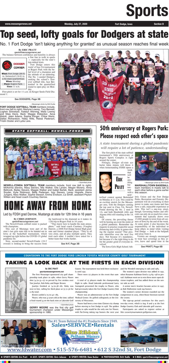ByEricPratt's tweet photo. A first glance at Monday's Messenger sports section. State softball is on deck. Fort Dodge brings the top seed into the 5A field. Newell-Fonda returns to its second home (by @ChrisJohnson_17). A column on the importance of being both civil and mindful at Rogers Park this week. https://t.co/ItbCivPEHH