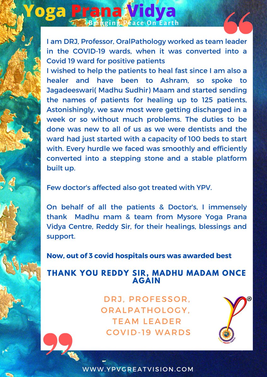 YogaPranaVidya's tweet photo. SUCCESSFUL | COVID-19 | YPV HEALING | SHRI N J REDDY | YOGA PRANA VIDYA

Daily sessions @ShriNJReddy Facebook page
07.15 AM - 01.00 PM - 06:30 PM  

#YPV #YPASadhana #YPVAshram #ShriNjReddy #YogaPranaVidya #YPVResearch 
#Healing #Prana #Energy https://t.co/8vD12uWy3f