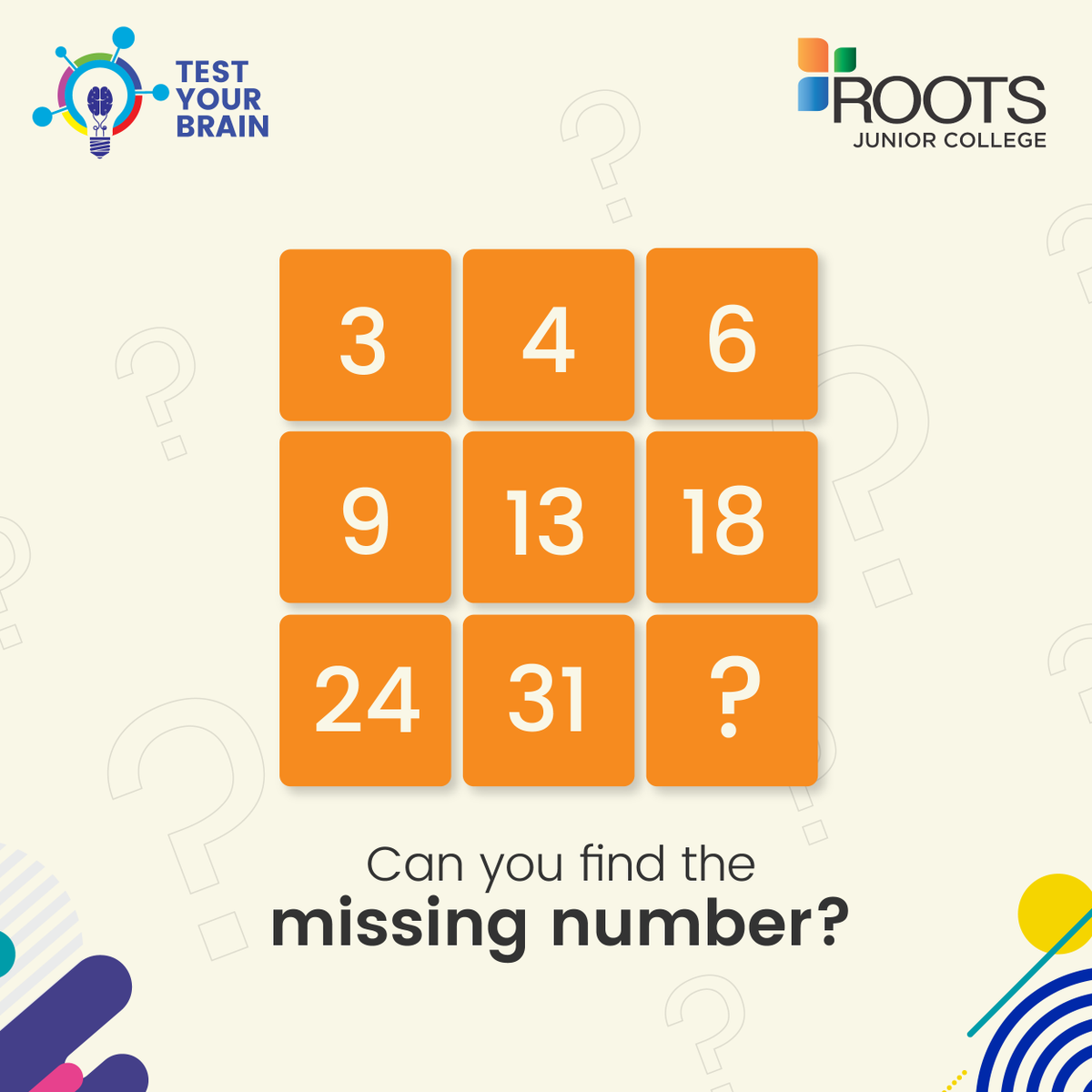 rootscollegium's tweet photo. Solve this simple question and let us know the answer in the comments below. Let’s see who gets it right!
#ROOTSCollegium #ROOTSHyderabad #TestYourBrain #Puzzle #Riddle #FindMissingNumber https://t.co/kLqNKIOnA3